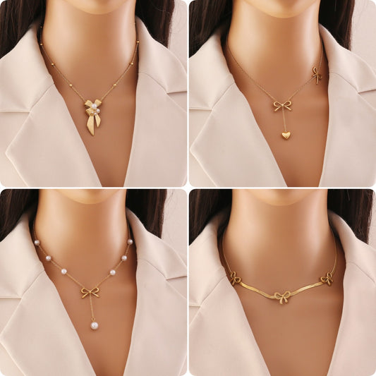 Fashionable Bow Knot Pendant Necklace in Stainless Steel with Pearl Tassels on O-Chain for Women