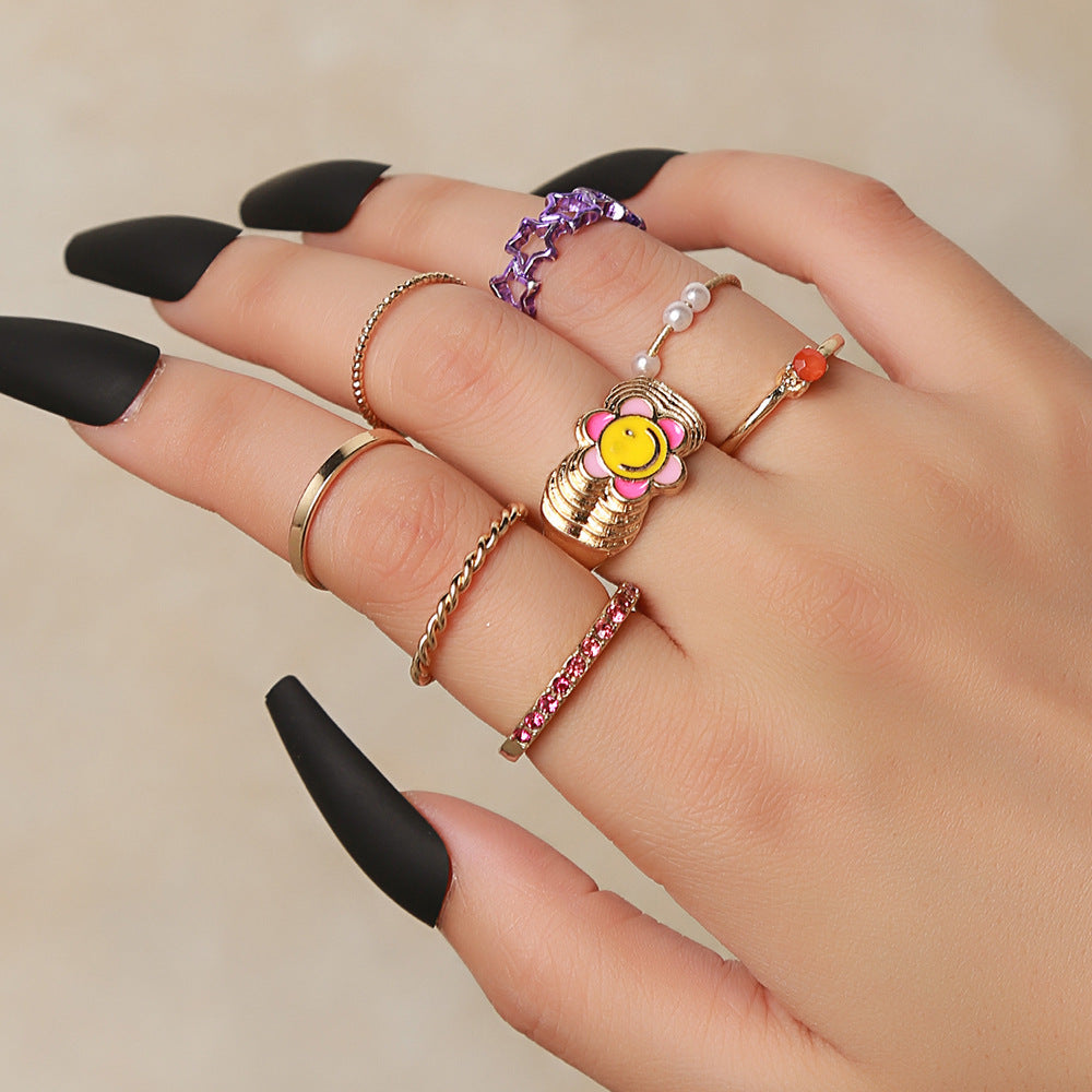 Sweet Geometric Alloy Ring Set with Drip Oil Smile Face, Crystal and Pearl Inlay