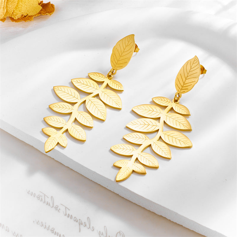 Vintage-Inspired Irregular Leaf-Shaped Titanium Steel Earrings with Gold Plating for Women
