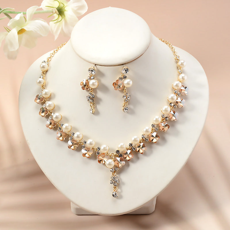 Elegant Rhinestone Star Moon Floral Plated Necklace and Earrings Set for Women Wedding Party
