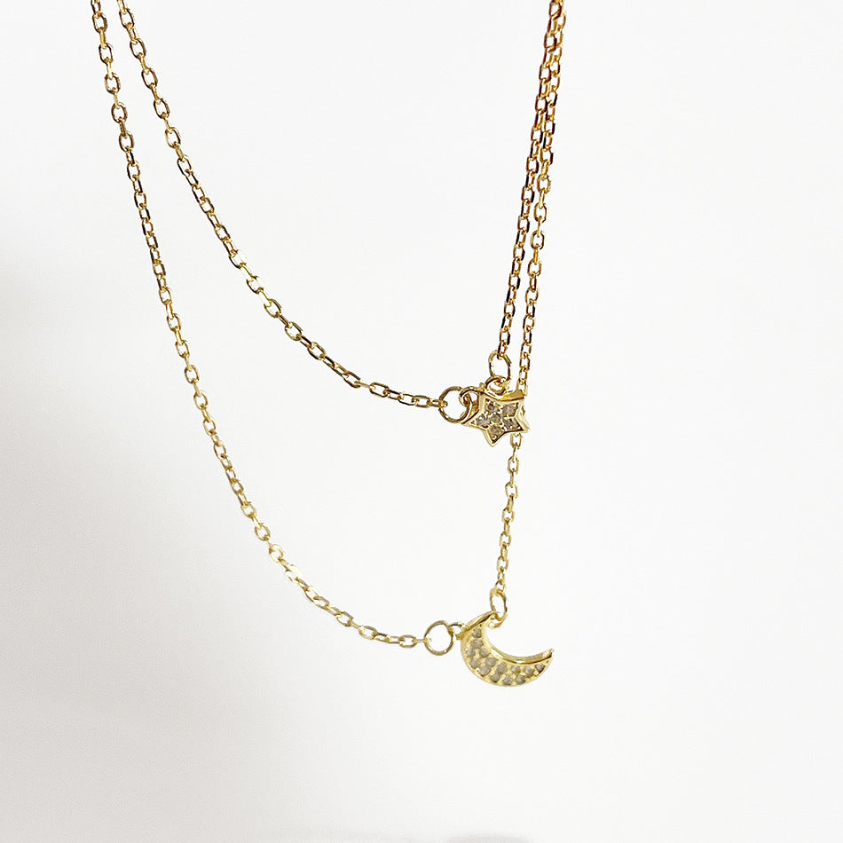 Collana da donna minimalista in argento sterling 925 placcato oro con ciondolo a stella e luna e catena a sfere
