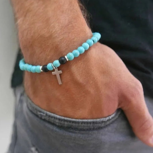 Bohemian Ethnic Turquoise Beaded Bracelet with Cross Pendant