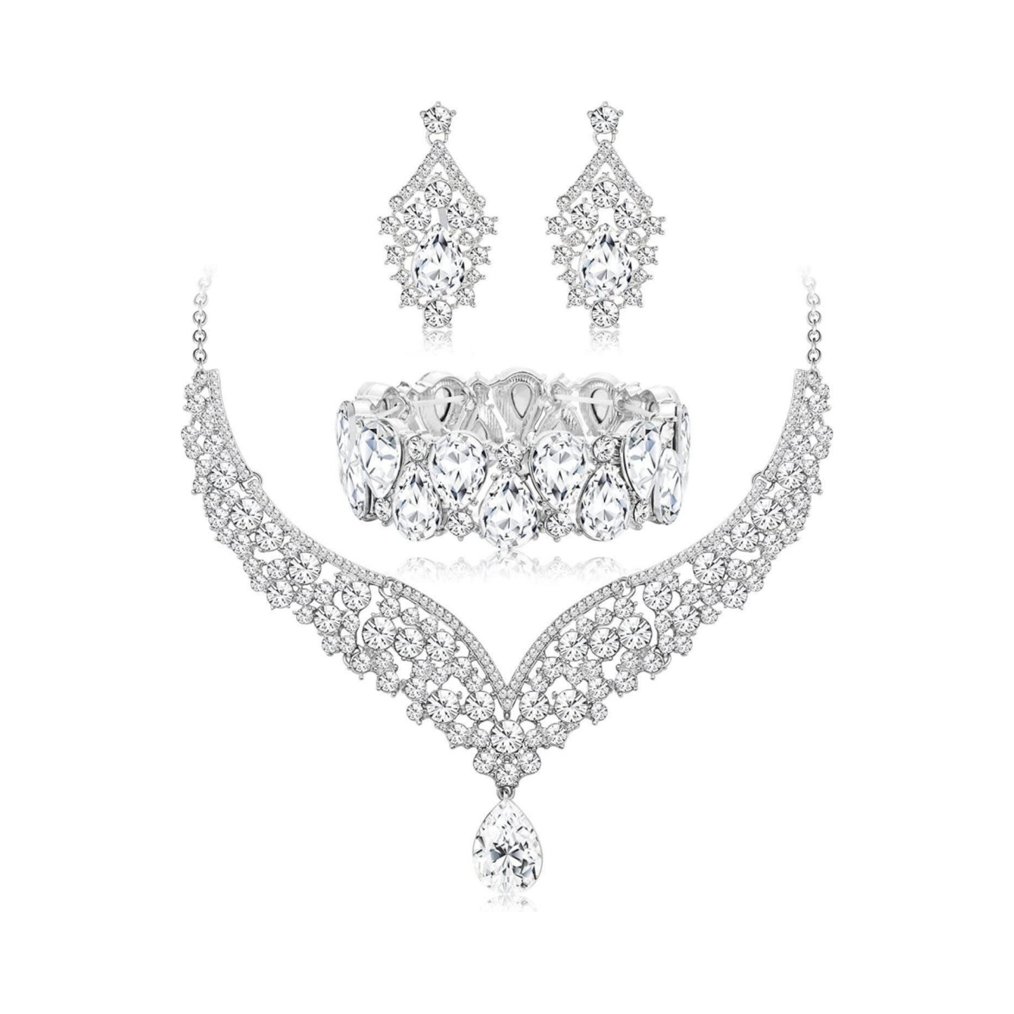 Elegant Heart and Teardrop Shaped Rhinestone Pendant Necklace Set with Electroplated O-Chain, Earrings and Bracelet for Women