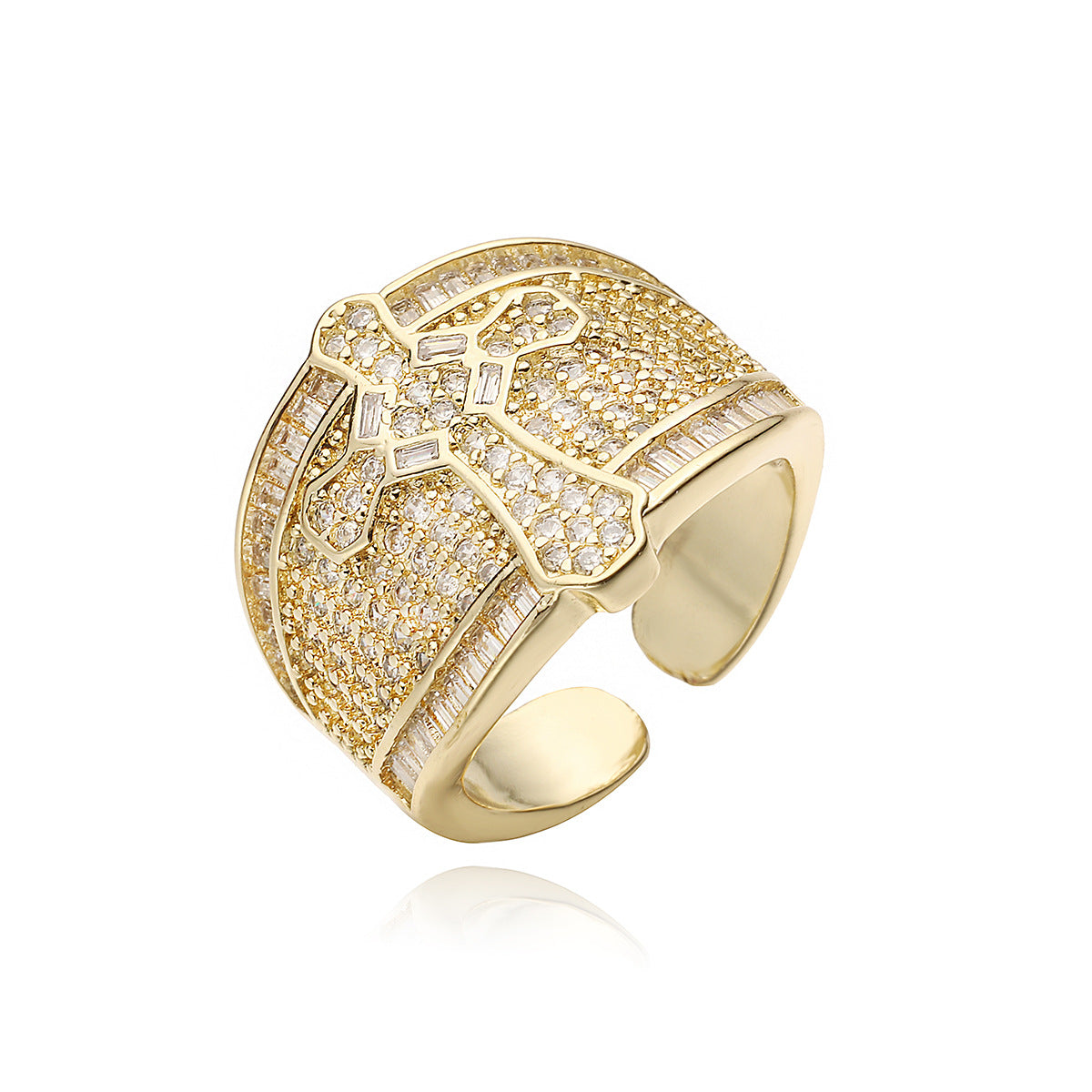 Minimalist Hip-hop 18K Gold Plated Heart Cross Brass Ring with Cubic Zirconia for Women