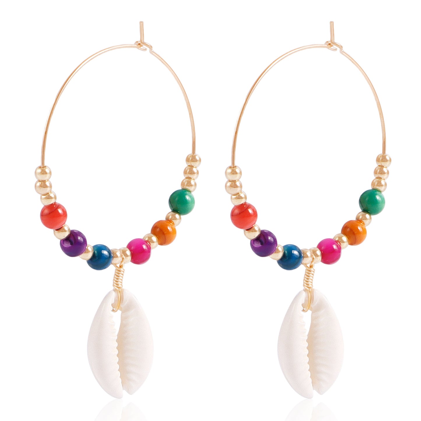 Orecchini da Donna Bohemien in Metallo Colorato con Perline, Pendente a Conchiglia e Design Geometrico, Finitura Galvanizzata