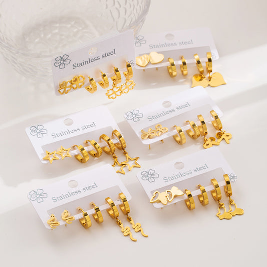 Vintage Floral Star Animal-Shaped Stainless Steel Ear Stud Set for Women with Plated Finish