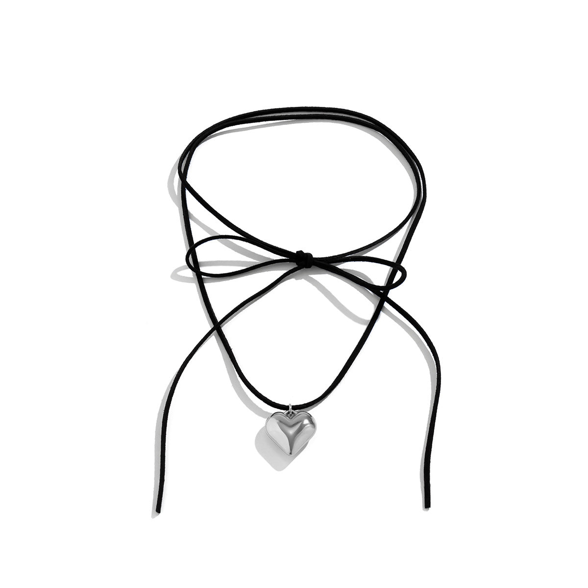 Sweet and Edgy Heart-Shaped Alloy Pendant Necklace with Plated Finish, Long Tassel Design on Velvet Wax Cord for Women