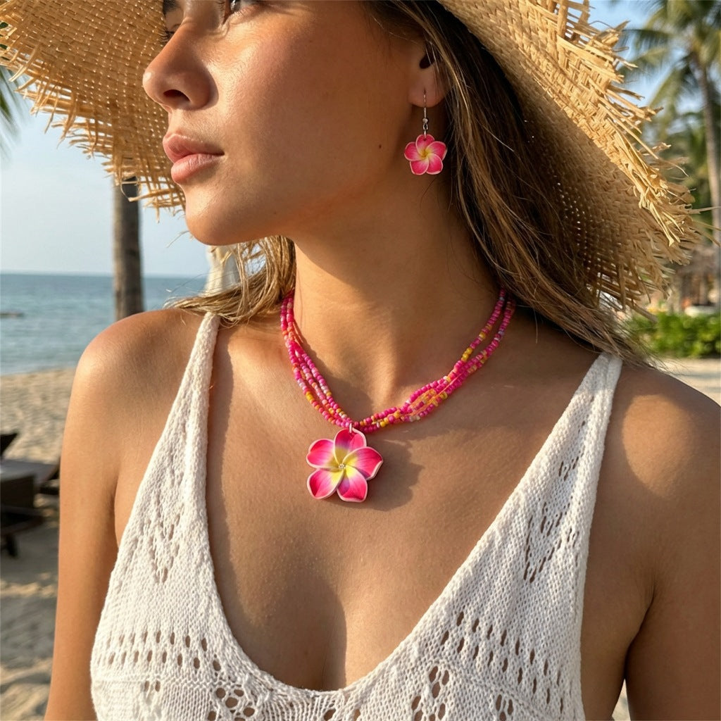 Sweet Handmade Floral Resin and Glass Bead Necklace and Earring Set for Women