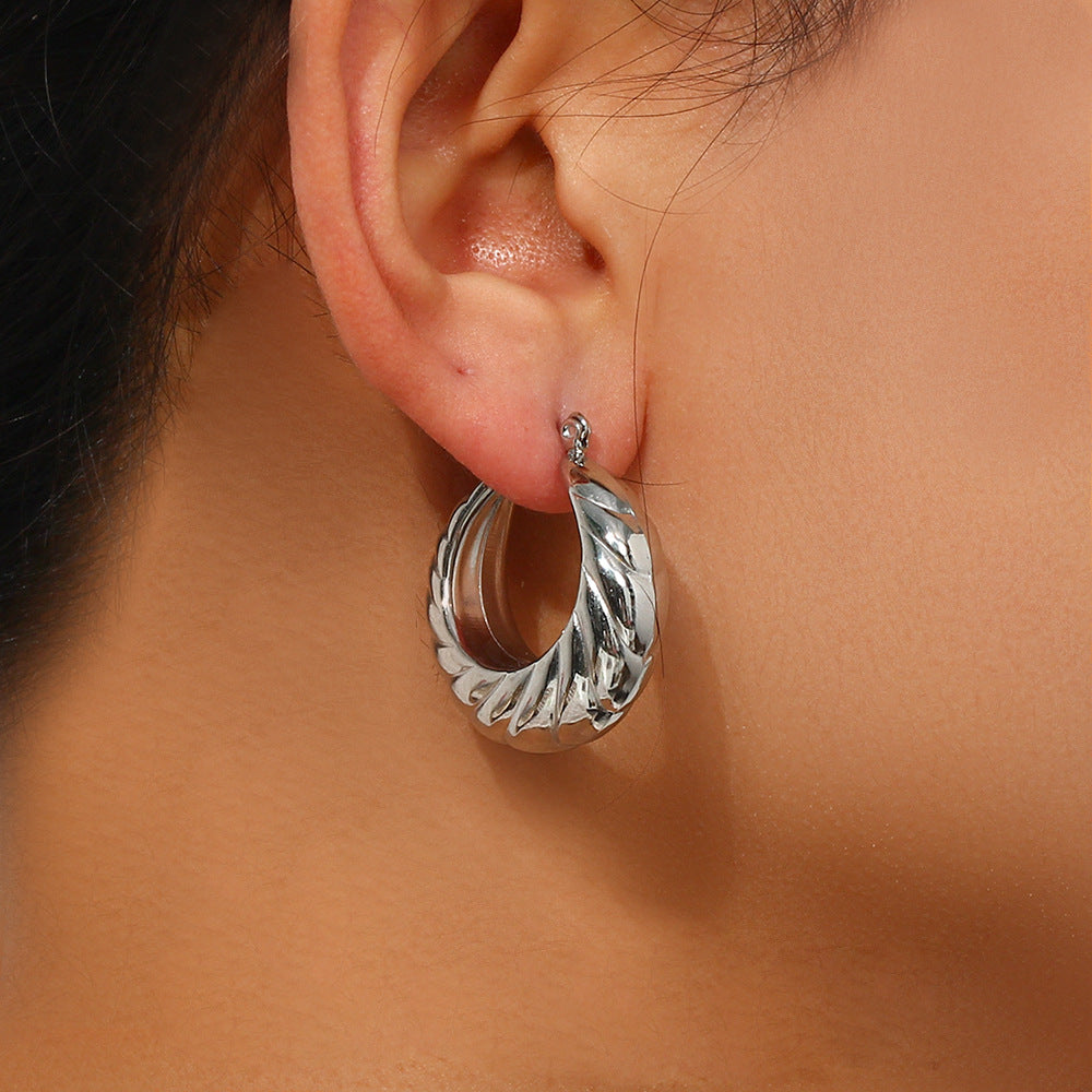 Minimalist Geometric Stainless Steel Hoop Earrings for Women with Silver Plated Finish and Diamond-Cut Faceting