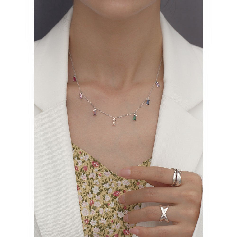 Luxury Elegant Geometric 925 Sterling Silver Cubic Zirconia Inlay Necklace Curb Chain for Women