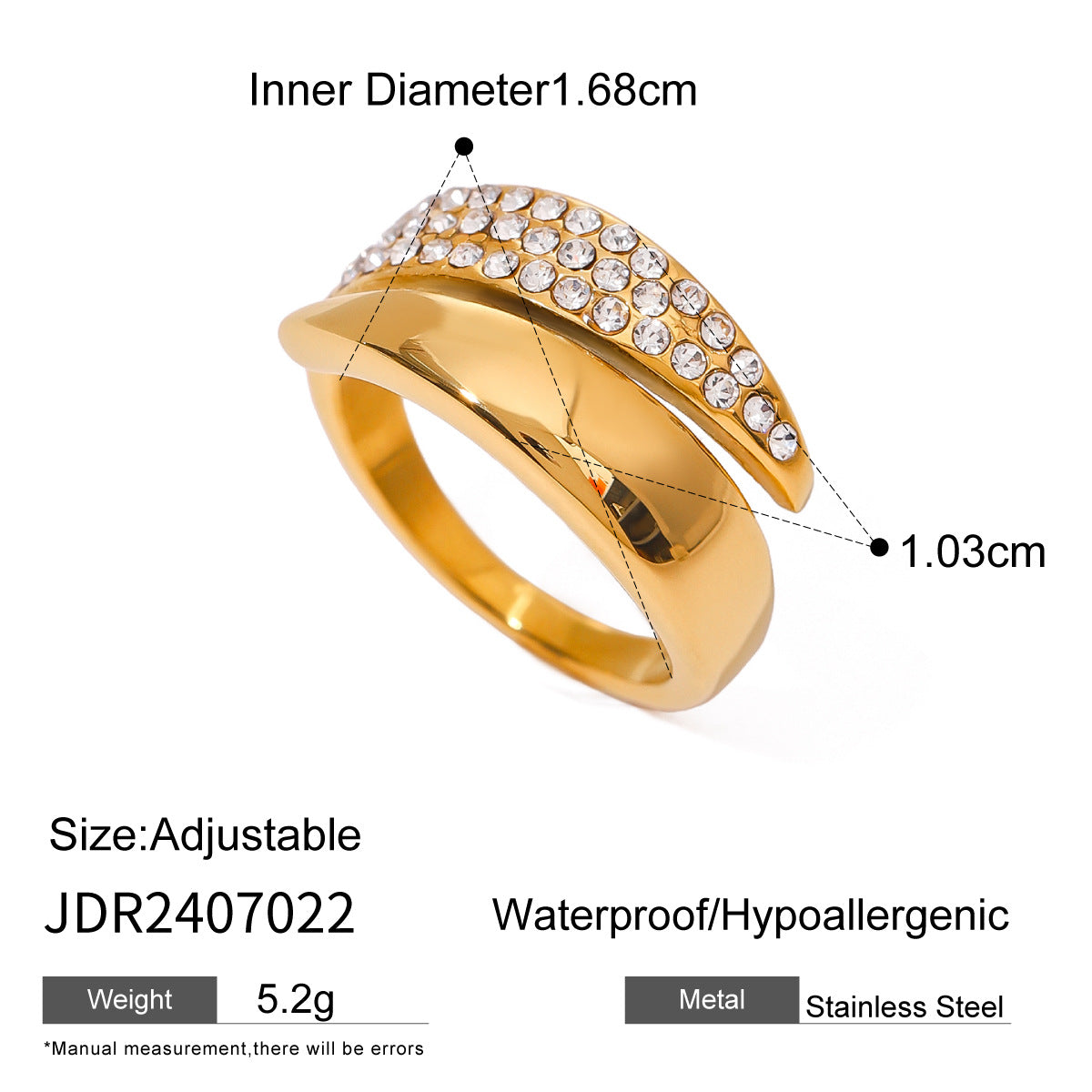 18K Gold Plated Geometric Stainless Steel Diamond Inlay Ring for Unisex