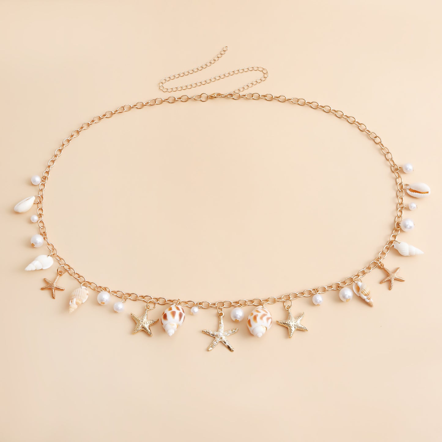 Bohemian Beach Shell Waist Chain with Starfish and Conch Pendant for Women Summer Travel Style Metal Body Chain with Painted Finish