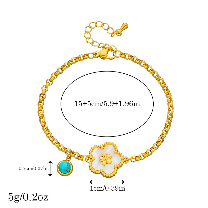 Vintage-Inspired Floral Five-Petal Flower Turquoise Shell Bracelet with Gold-Plated Stainless Steel Chain