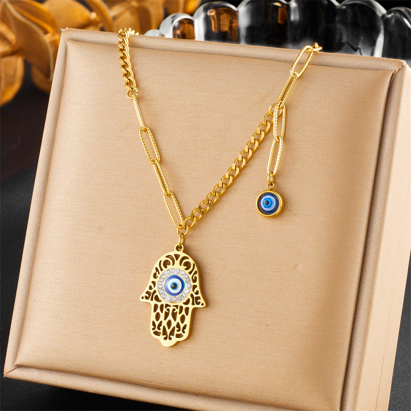 Collana Pendente Mano e Occhio in Acciaio Inossidabile Placcato Oro Doppio Strato Vintage