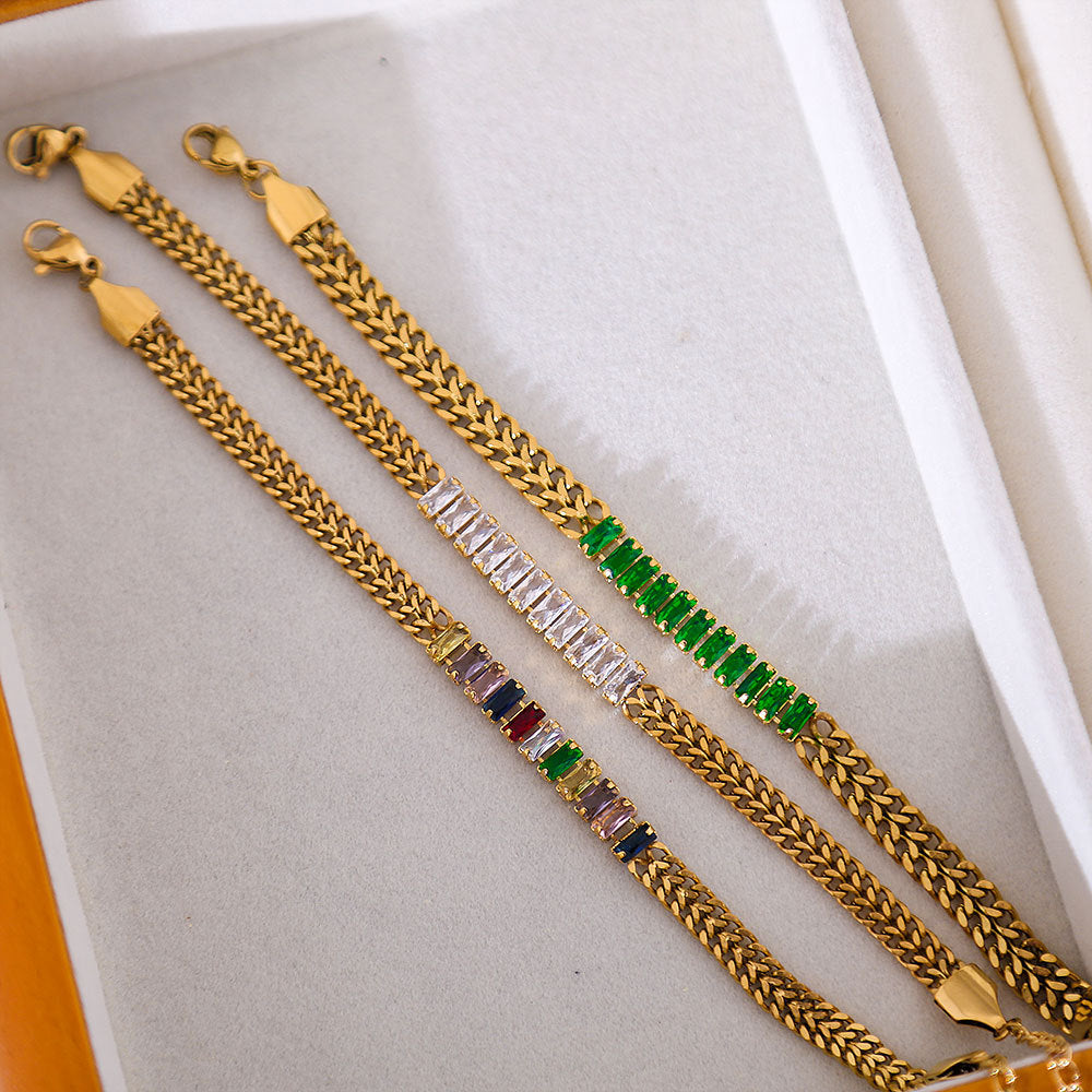 Pulsera Minimalista Retro Francesa de Acero Inoxidable para Mujer con Baño de Oro de 18K, Incrustaciones de Circonita y Diseño de Cadena de Malla