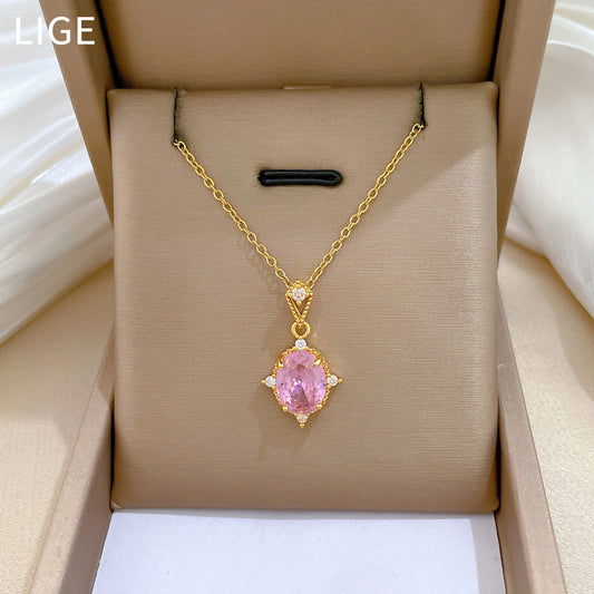 Collar de acero inoxidable con forma de rombo rosa para mujer, incrustaciones completas de diamantes de imitación, delicada cadena a la clavícula de estilo dulce y fresco