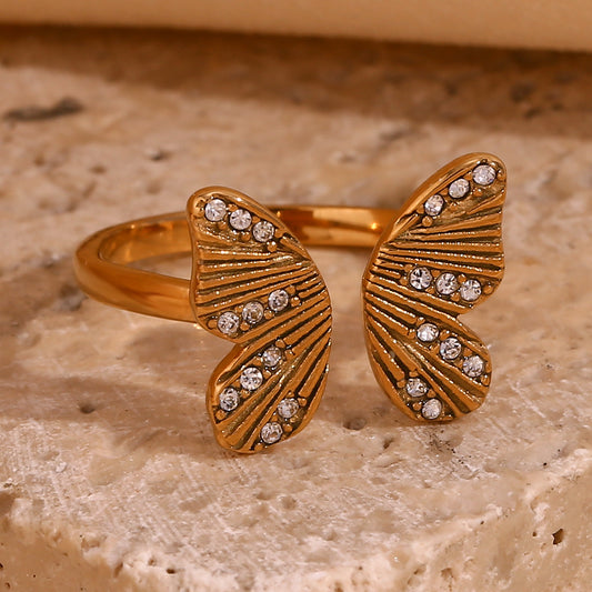 Fashionable Butterfly-Shaped Stainless Steel Ring with 18K Gold Plating and Zircon Inlay for Women