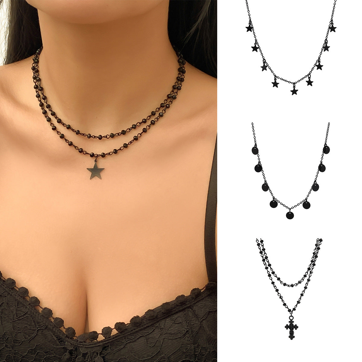 Minimalist Edgy Clavicle Necklace with Tassel Pendant, Black Cross and Star-Shaped Alloy Discs on Painted Chain