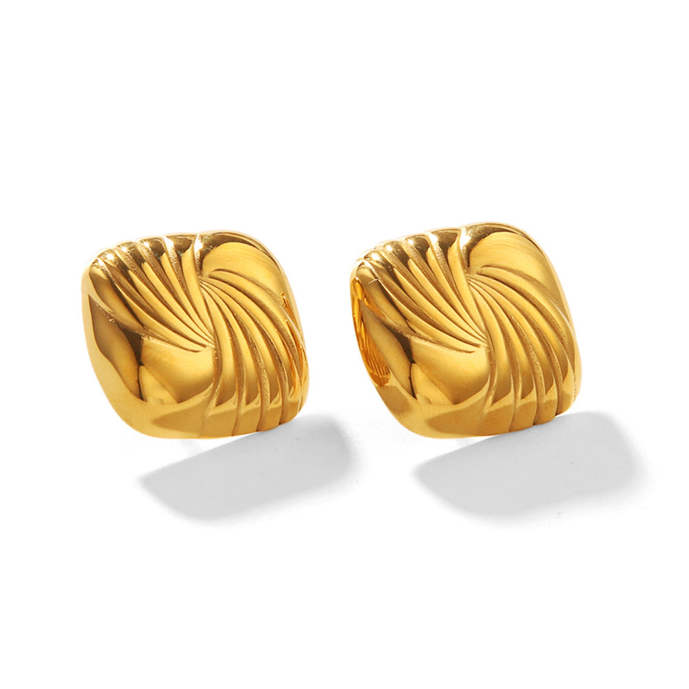 Geometric Square Titanium Steel Earrings with 18K Gold Plating and Wavy Texture for Women
