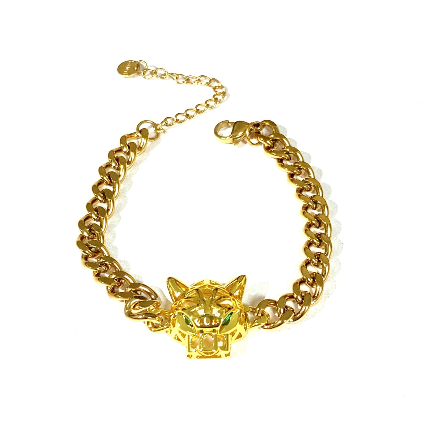 Vintage Hip-hop Geometric Leopard Head Hollow Green Eye Stainless Steel Cuban Link Chain Bracelet Unisex