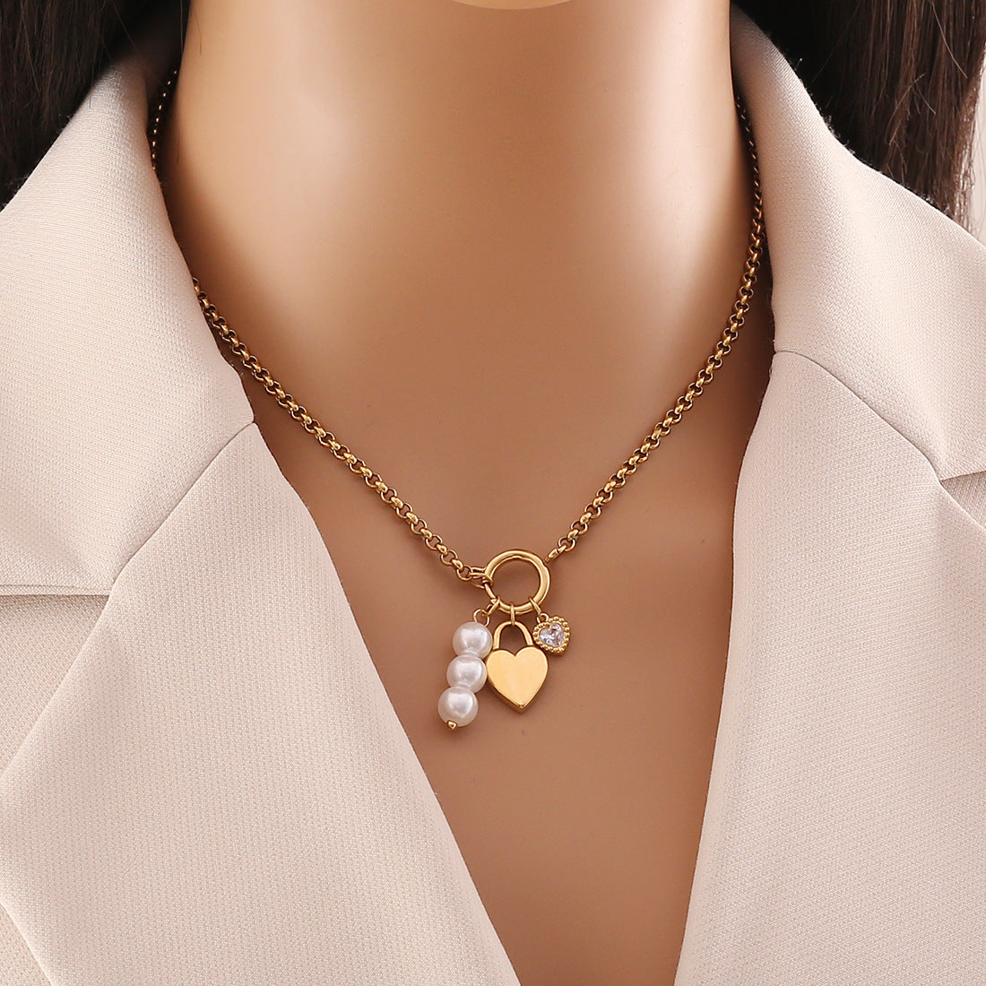 Elegant Heart Floral Stainless Steel Plated Necklace with Cable Chain Charm Bar for Women