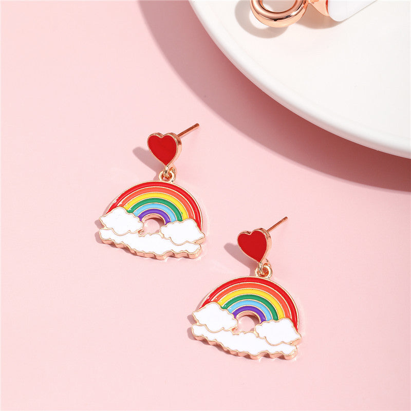 Cartoon Style Heart and Cloud Shape Enamel Alloy Children's Stud Earrings with Rainbow and Love Motifs