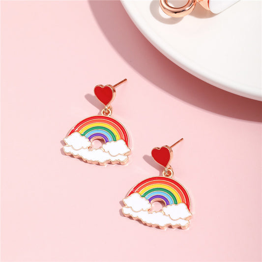 Cartoon Style Heart and Cloud Shape Enamel Alloy Children's Stud Earrings with Rainbow and Love Motifs
