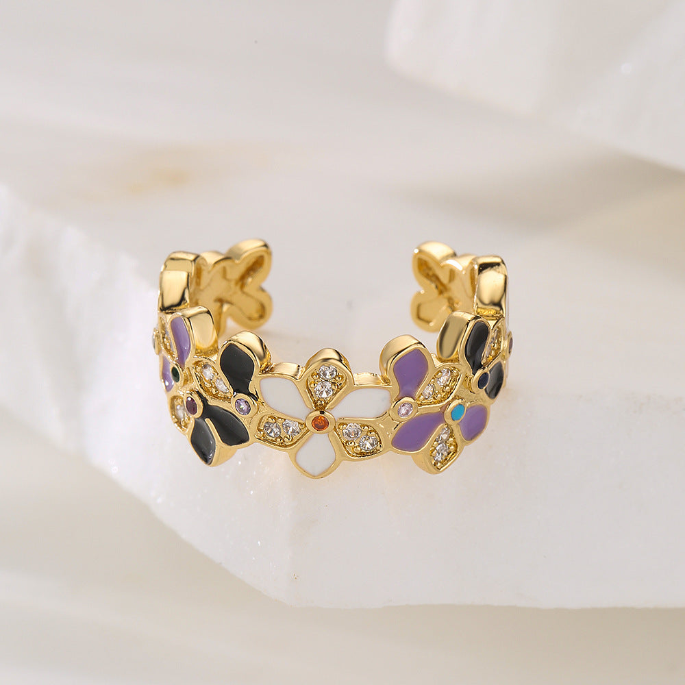 Minimalist Geometric Floral Drip Oil Cubic Zirconia Inlay Gold Plated Brass Ring for Women