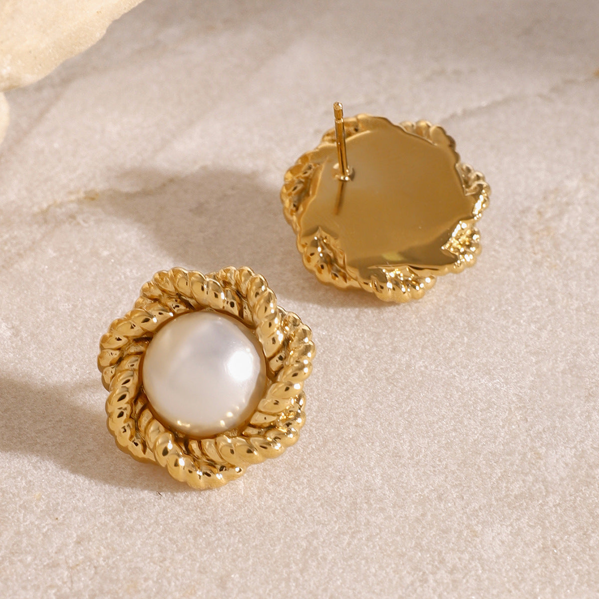Elegant Floral Design Stainless Steel Earrings with 18K Gold Plating and Pearl Accents for Women