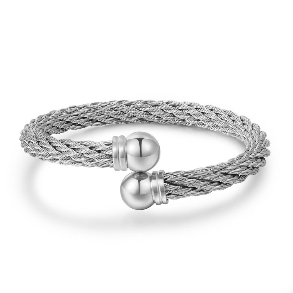 Punk Geometric Round Plated Titanium Steel Wire Rope Open Cuff Bracelet