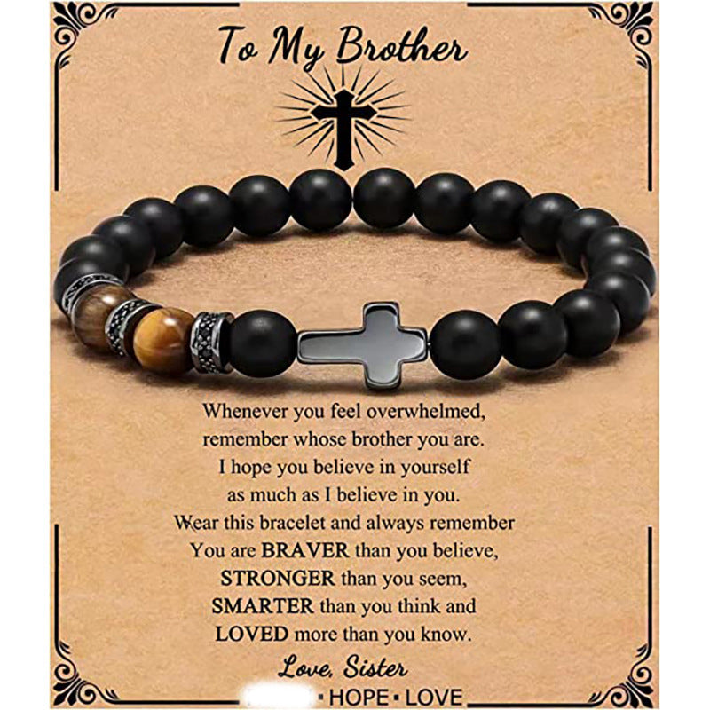 Minimalist Matte Black Beaded Bracelet with Small Cross Pendant Unisex Gift