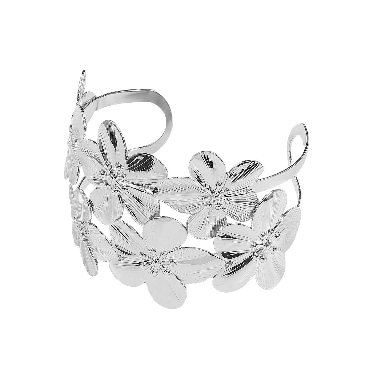 Elegante bracciale floreale a due livelli con apertura regolabile e fascia larga effetto metallo da donna
