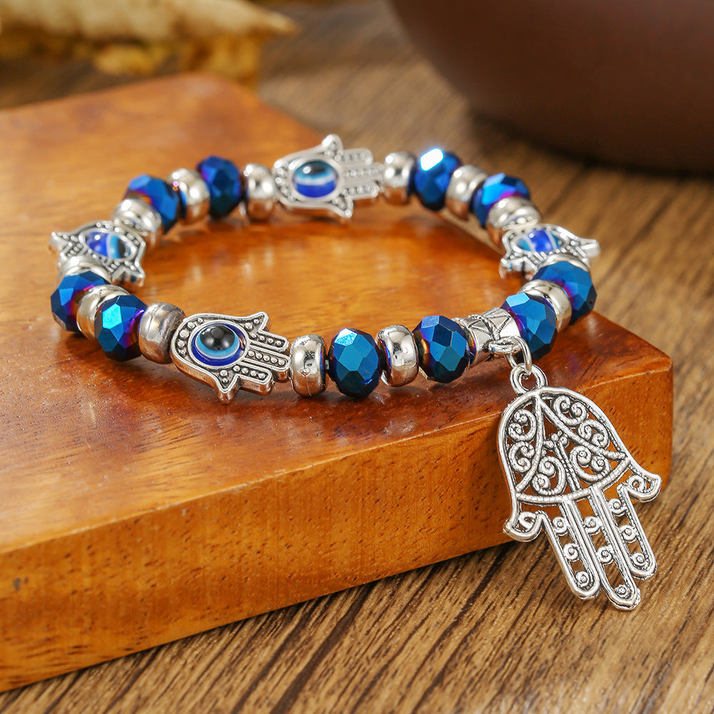 Geometric Round Crystal Alloy Bracelet with Hand Pendant