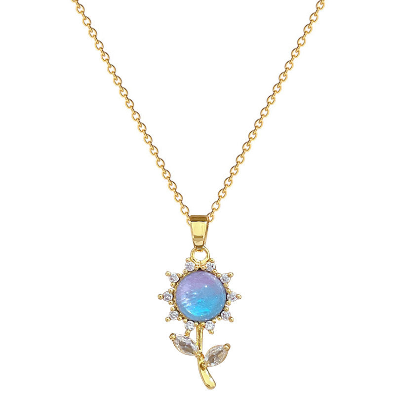 Luxury Titanium Steel Sunflower Geometric Pendant Necklace with Rhinestones for Unisex