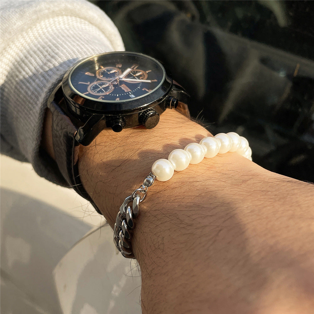 Geometric Titanium Steel Cuban Link Box Chain Necklace with Pearl Unisex