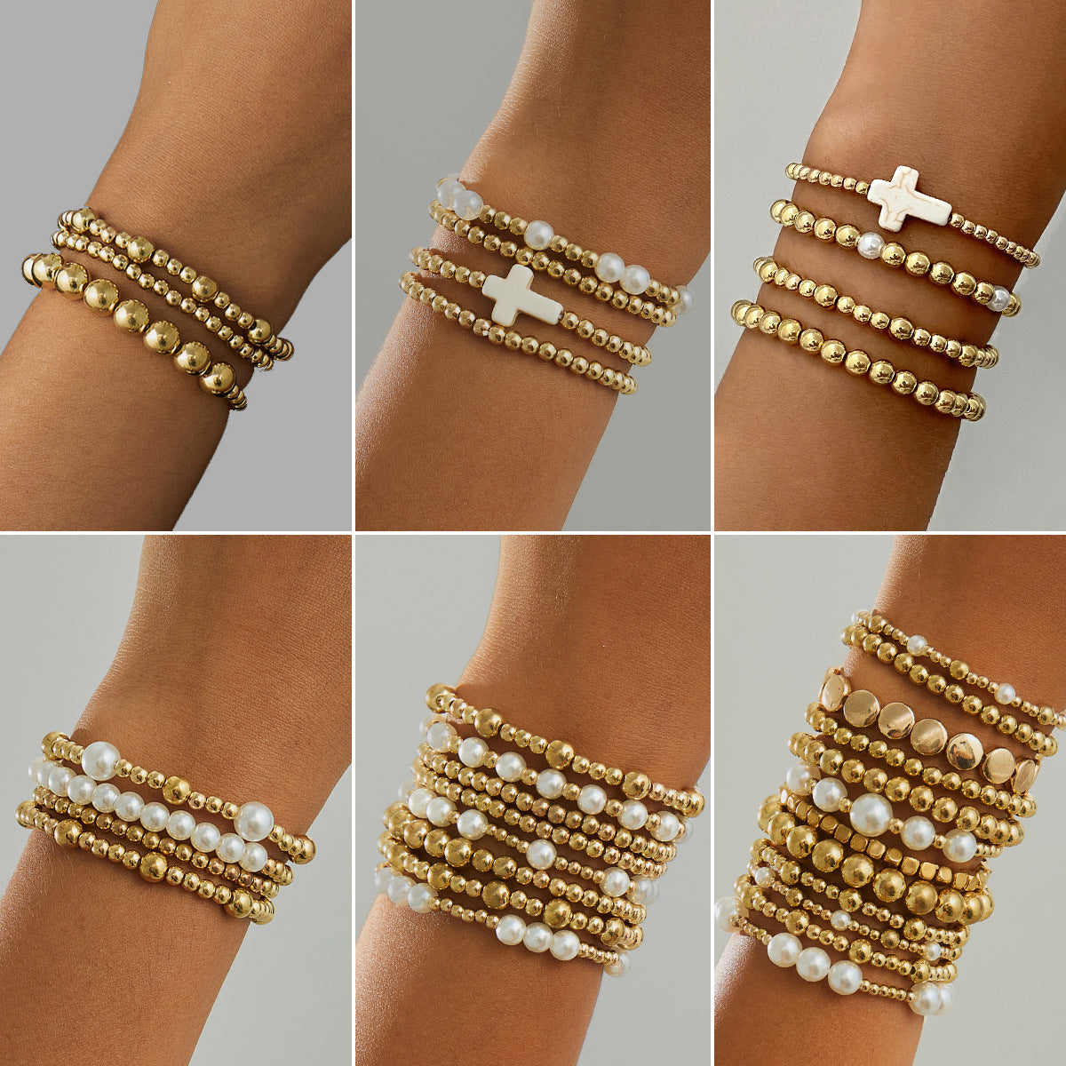Minimalist Geometric Acrylic Beaded Stretch Bracelet Set with Cross Charm for Women