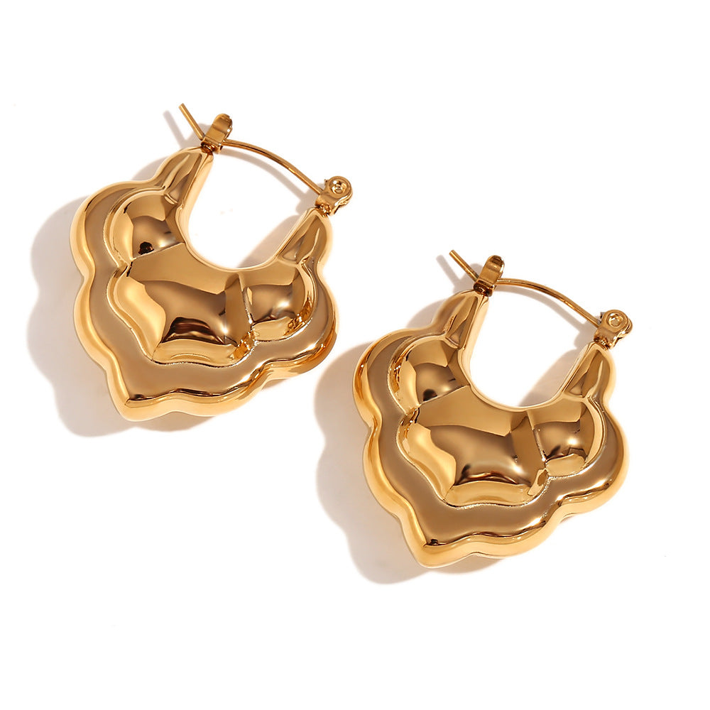 Fashionable Minimalist Lotus-Shaped Hollow Double-Layer Stainless Steel Earrings with 18K Gold Plating for Women