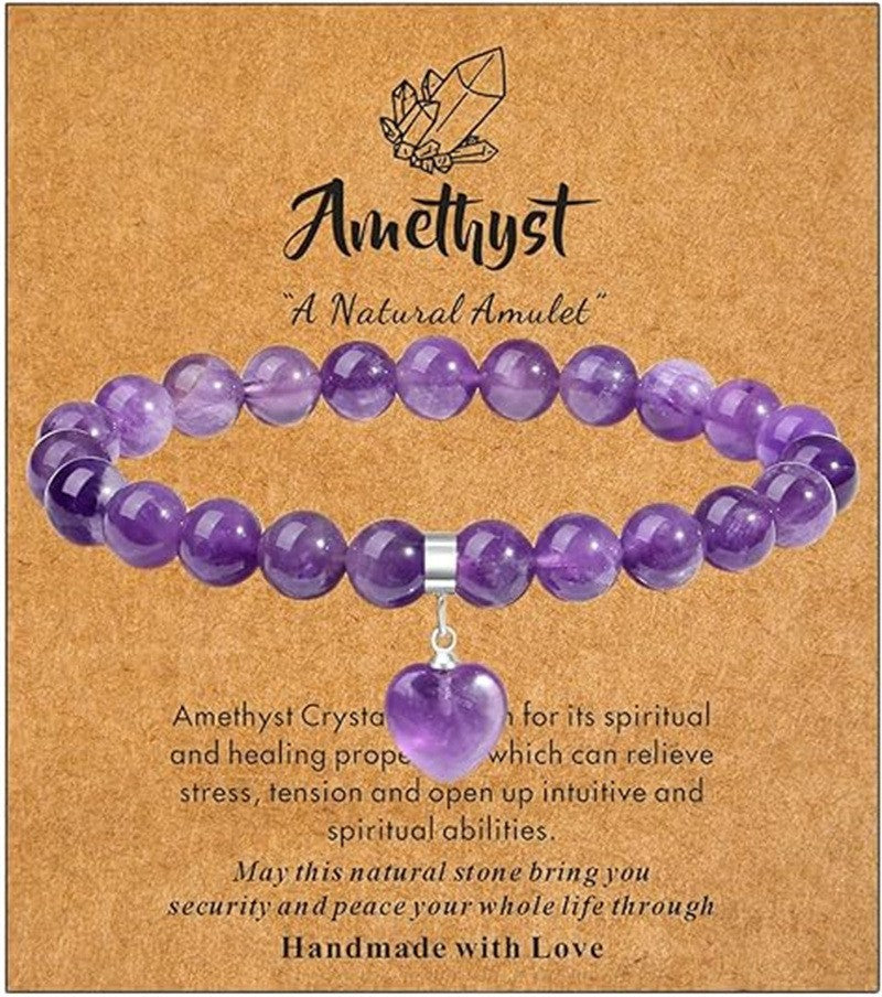 Minimalist Natural Stone Beaded Bracelet with Heart Pendant Unisex Elastic Stretch Bangle