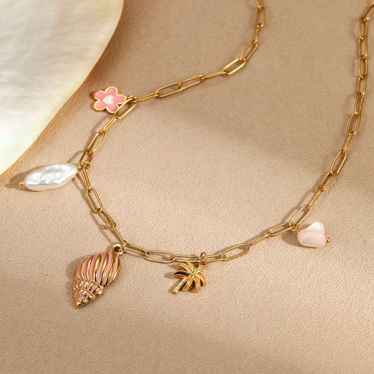 Collar de múltiples colgantes con diseño de concha, perla y palmera, a la moda, con temática oceánica, de acero inoxidable y acabado chapado para mujer