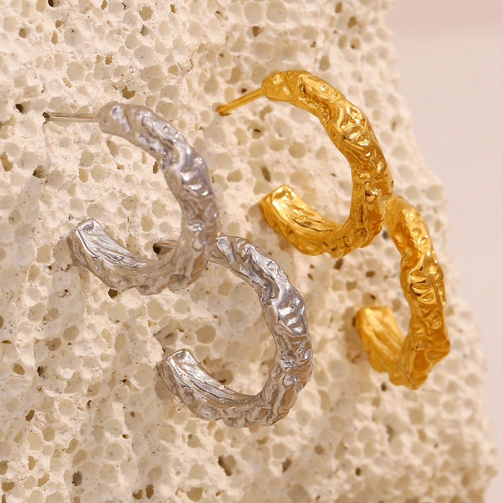 Minimalist Geometric Stainless Steel Earrings with 18K Gold Plating and Hammered Texture for Women