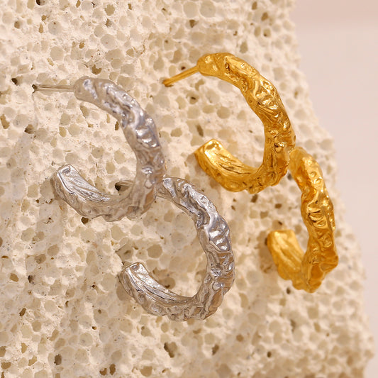 Minimalist Geometric Stainless Steel Earrings with 18K Gold Plating and Hammered Texture for Women