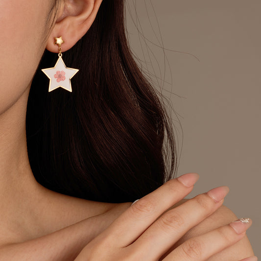 Minimalist Resin-Enamel Pressed-Flower Stainless Steel Stud Earrings for Women