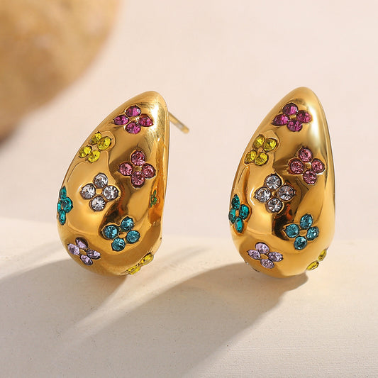 Pendientes de acero inoxidable de diseño geométrico minimalista, chapados en oro de 18 quilates, con diseño floral calado y adornados con diamantes de imitación
