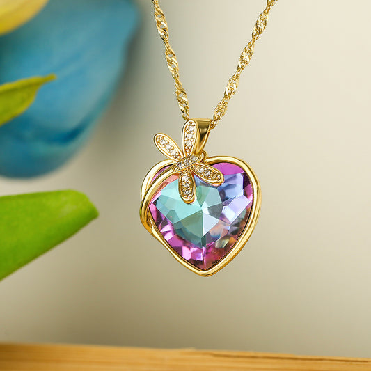 Collana da donna a forma di farfalla e cuore, minimalista, in rame placcato oro 18 carati con intarsi in zirconi