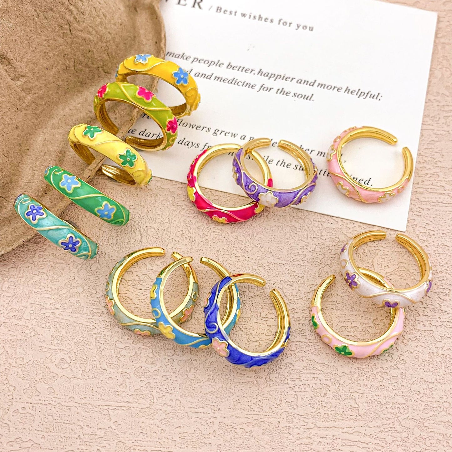 Sweet Floral Enamel Plated Alloy Ring for Women