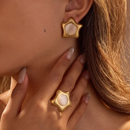Pendientes y Anillo Minimalistas de Acero de Titanio con Forma de Estrella, Incrustación de Ojo de Gato, Joyería de Acero Inoxidable Galvanizado para Mujer
