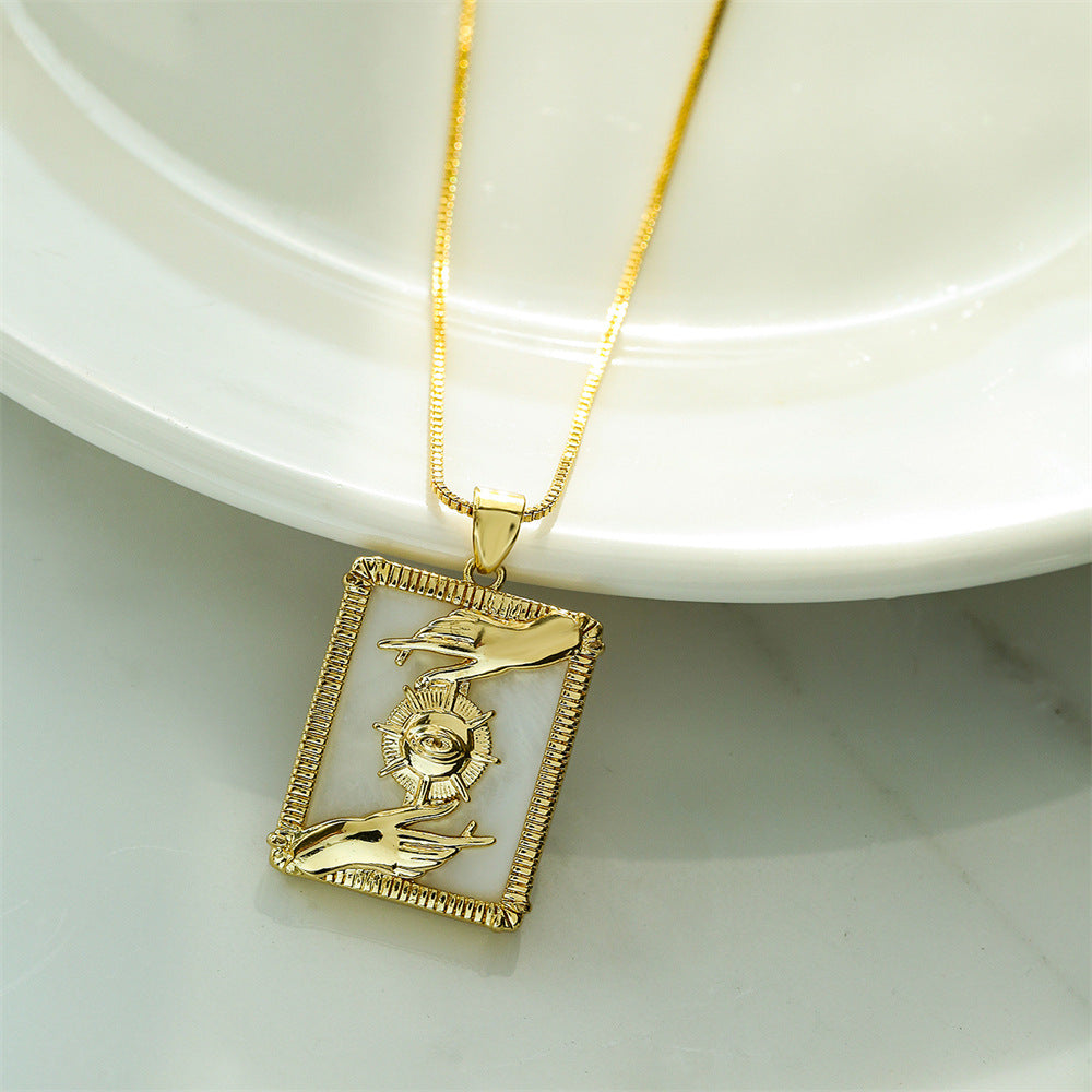 Geometric Natural Shell Pendant Necklace for Women with Copper Base Plated in 18K Gold and Zircon Inlay