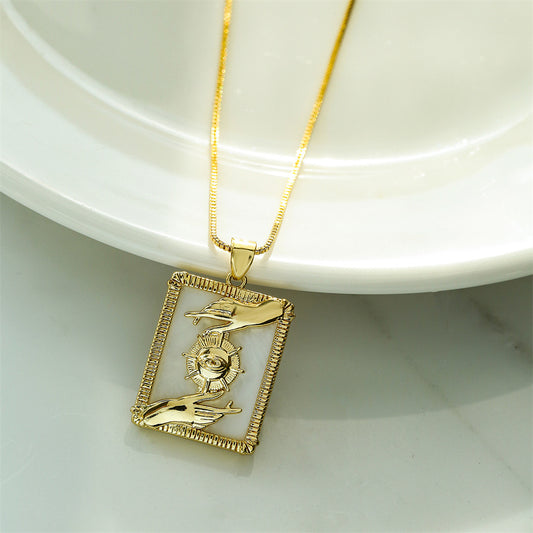 Geometric Natural Shell Pendant Necklace for Women with Copper Base Plated in 18K Gold and Zircon Inlay