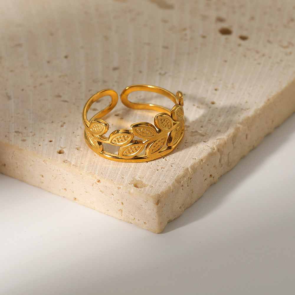 Minimalist Geometric Hollow Leaf Stainless Steel Ring with 18K Vacuum Plating for Women