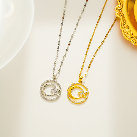 Minimalist Geometric Moon and Star Pendant Necklace in Titanium Steel with Gold Plating for Women